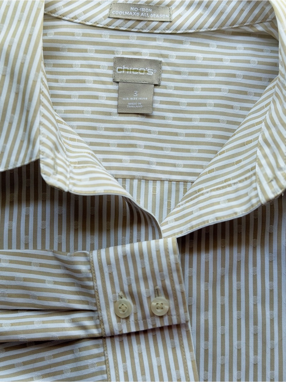 Chico’s No-Iron CoolMax All-Season Button-Down Blouse XL Beige White Stripe EUC - Picture 4 of 10